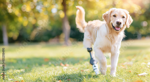 A dog with a prosthetic leg walking on the grass on a sunny day