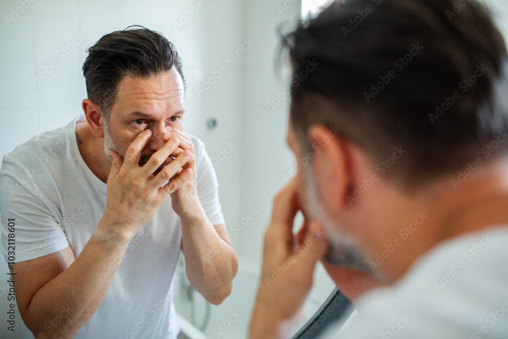 Man applying skincare in bathroom mirror morning routine self care Man applying skincare in bathroom mirror morning routine self care