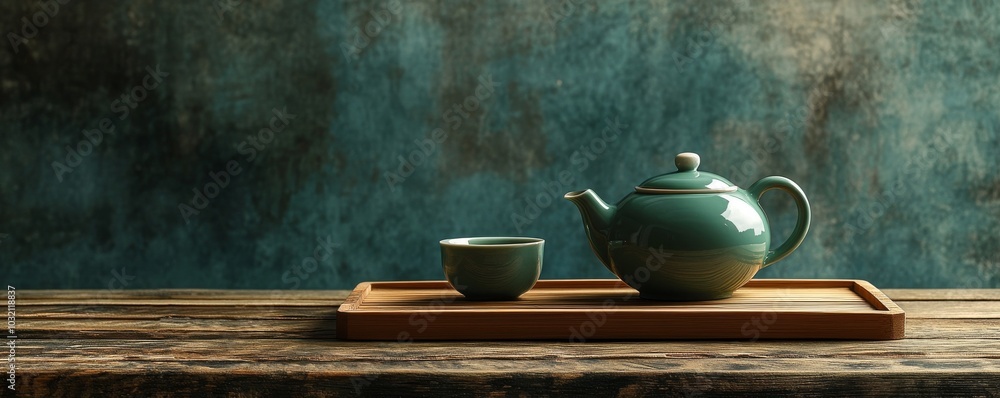 Green teapot and cup standing on a wooden tray on a rustic wooden table against a dark teal textured background with copy space Green teapot and cup standing on a wooden tray on a rustic wooden table against a dark teal textured background with copy space
