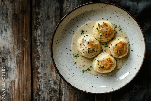 A plate topped with steamed dumplings and a savory sauce photo