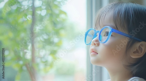 Young child wearing blue glasses focusing on distant tree outside window, symbolizing myopia prevention and importance of outdoor activities.