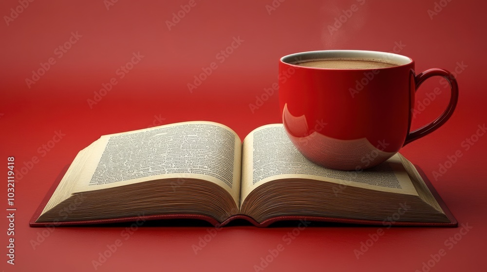 A steaming cup of coffee rests on an open book A steaming cup of coffee rests on an open book