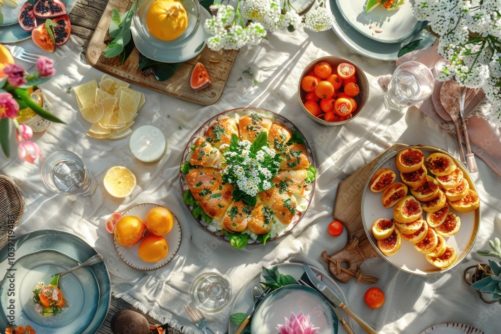 A table filled with breakfast foods and surrounded by fresh flowers A table filled with breakfast foods and surrounded by fresh flowers