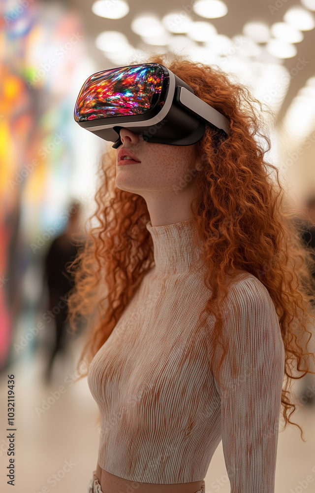 Young woman with curly red hair wearing virtual reality headsetstanding in an immersive experience virtual background Young woman with curly red hair wearing virtual reality headsetstanding in an immersive experience virtual background