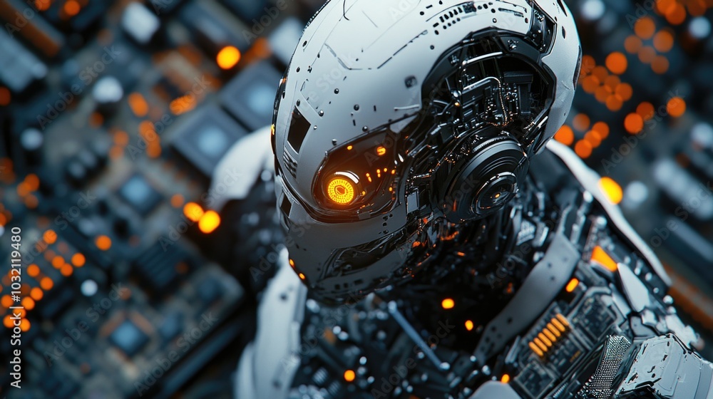 A close-up view of a robot's head with a city skyline in the background, ideal for sci-fi and technology-themed projects A close-up view of a robot's head with a city skyline in the background, ideal for sci-fi and technology-themed projects