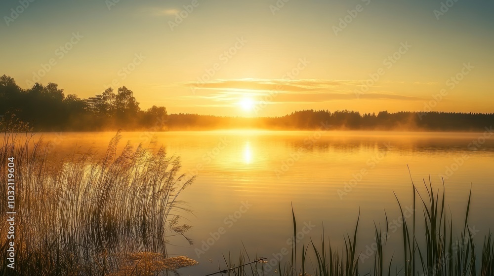 Sunrise over misty lake with reeds. Sunrise over misty lake with reeds.