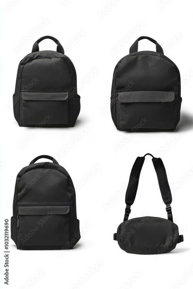 A backpack photographed from four different angles against a white background A backpack photographed from four different angles against a white background