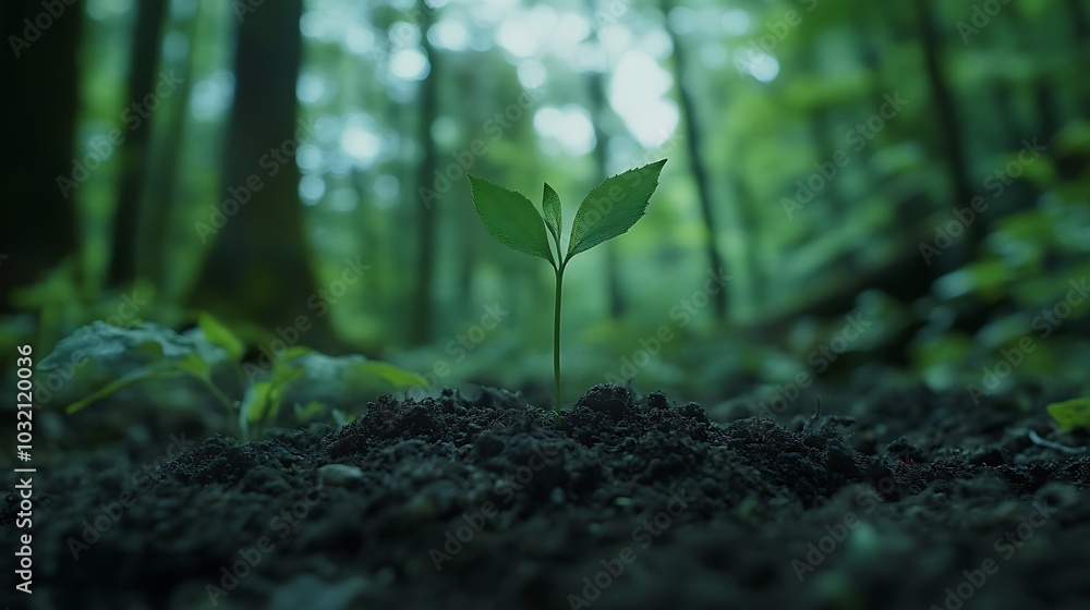 A small green sprout grows from dark soil in a forest. A small green sprout grows from dark soil in a forest.