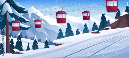 Winter mountain ski landscape. Vector illustration of ski resort with snowy hills, pine trees, cliff, ski track, funicular, snowboard. Outdoor holiday activity. Winter skiing and snowboarding sport