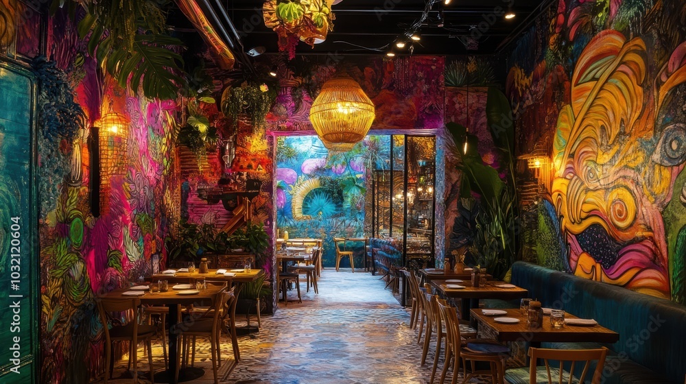 Colorful restaurant with murals, wood tables and chairs. Colorful restaurant with murals, wood tables and chairs.