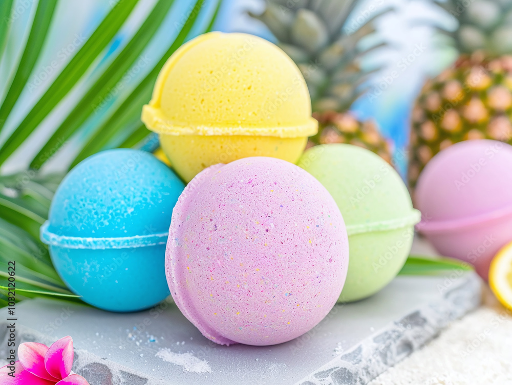 Brightly colored fruit-scented bath bombs are displayed on a stone surface with palm leaves and pineapples Brightly colored fruit-scented bath bombs are displayed on a stone surface with palm leaves and pineapples