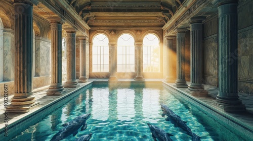 Villa bathhouse with dolphin mosaics and sunlight filtering through high arched windows