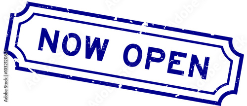 Grunge blue now open word rubber seal stamp on white background