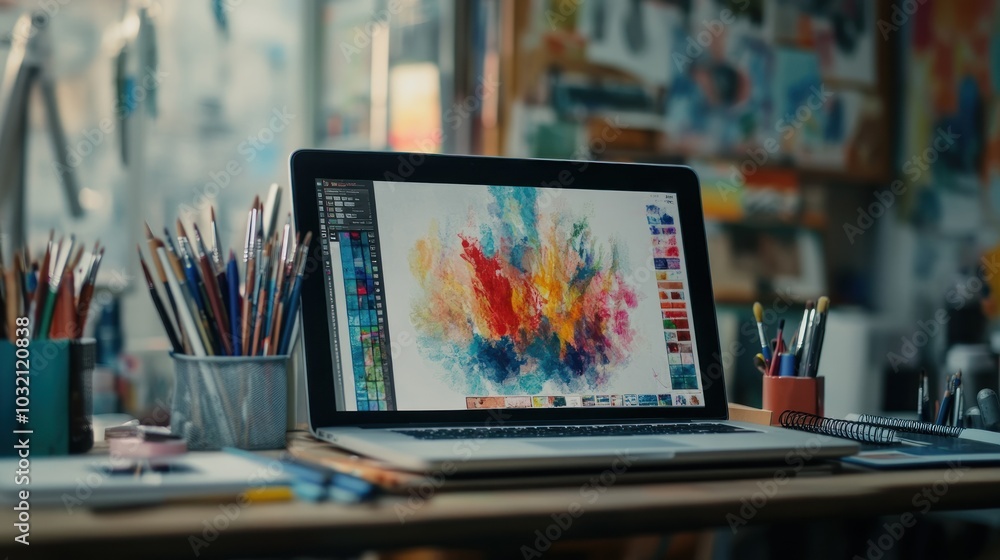A laptop displaying a colorful digital painting on the screen with art supplies on a desk in front of a window. A laptop displaying a colorful digital painting on the screen with art supplies on a desk in front of a window.
