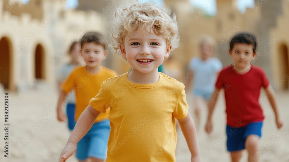 A group of cheerful and energetic children playing an imaginative castle themed game together on a colorful playground fostering teamwork A group of cheerful and energetic children playing an imaginative castle themed game together on a colorful playground fostering teamwork