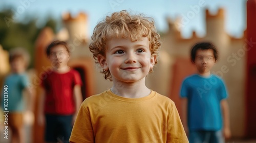 Group of happy carefree children playing an imaginative game in a castle themed playground showcasing their creativity teamwork and the joyful spirit of childhood and adventure