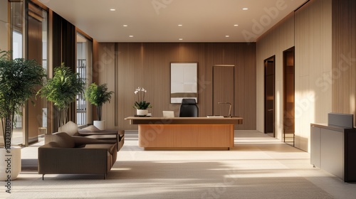 Modern office interior with wooden walls.