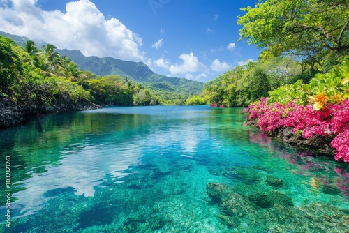 Tranquil Lagoon Surrounded by Lush Tropical Vegetation and Mountains