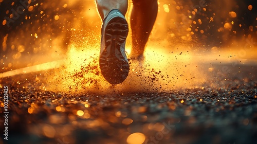 A runner's foot kicking up dust and debris as they run towards the setting sun. photo