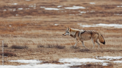Lone Wolf Padding Through Dry Tundra Landscape with Snow Patches