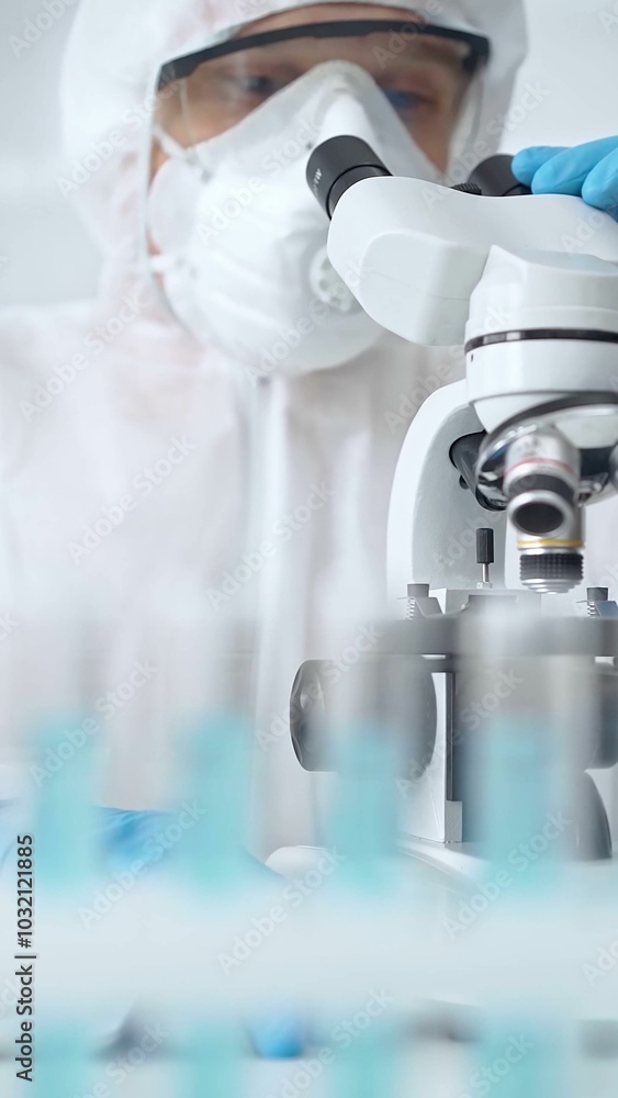 Scientist in ppe analyzing samples with microscope. Close-up of a focused researcher in a lab coat and protective gear using a microscope in a laboratory setting Scientist in ppe analyzing samples with microscope. Close-up of a focused researcher in a lab coat and protective gear using a microscope in a laboratory setting