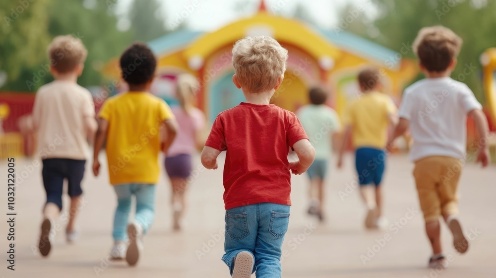 A group of young energetic children enthusiastically running toward a brightly colored funhouse eager to explore and experience the thrills and surprises awaiting them at the amusement park A group of young energetic children enthusiastically running toward a brightly colored funhouse eager to explore and experience the thrills and surprises awaiting them at the amusement park
