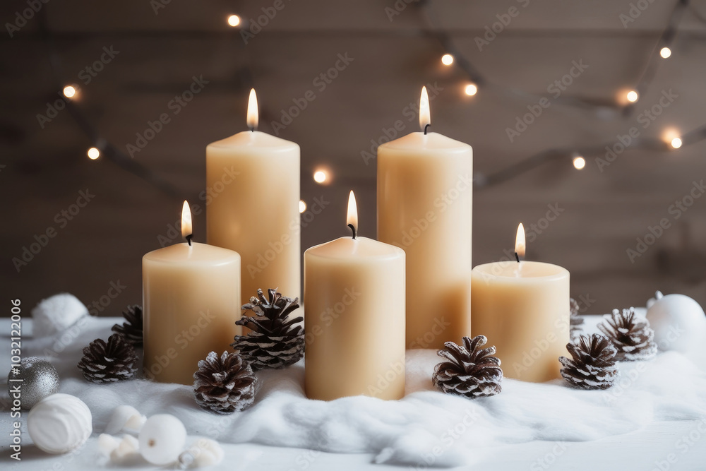 Christmas decoration with burning candle lights at christmas eve on festive background. AI generated Christmas decoration with burning candle lights at christmas eve on festive background. AI generated