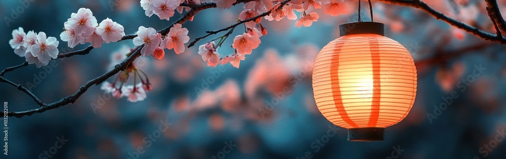 Obraz premium A Japanese Paper Lantern Hanging Amongst Cherry Blossoms