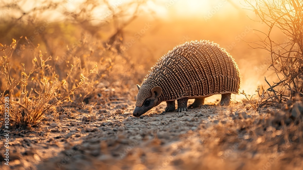 A solitary armadillo foraging in the arid scrublands its armored skin covered in dust A solitary armadillo foraging in the arid scrublands its armored skin covered in dust