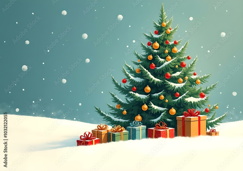 Christmas tree with white snow and Gift boxes. Christmas tree with white snow and Gift boxes.