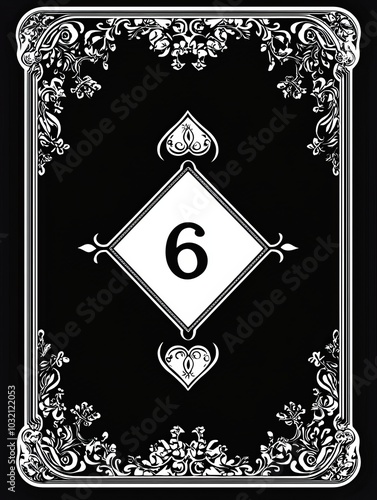 Intricate Illustrated Card Design with Black and White Floral Patterns and Number Six