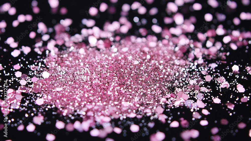 Pink glitter on a black background. An explosion of sparkling dust. Confetti texture for beauty and cosmetics Pink glitter on a black background. An explosion of sparkling dust. Confetti texture for beauty and cosmetics