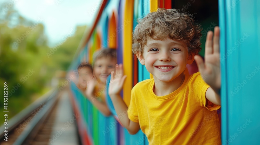 Delighted young boy smiling and waving excitedly from the window of a colorful train car on a scenic journey filled with adventure and family fun Delighted young boy smiling and waving excitedly from the window of a colorful train car on a scenic journey filled with adventure and family fun