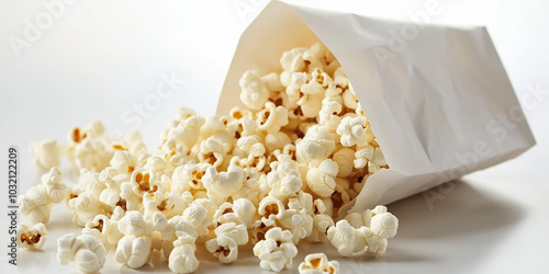 Popcorn in White Paper Bag on Minimal White Background, Perfect Mock-Up for Advertising and Marketing photo