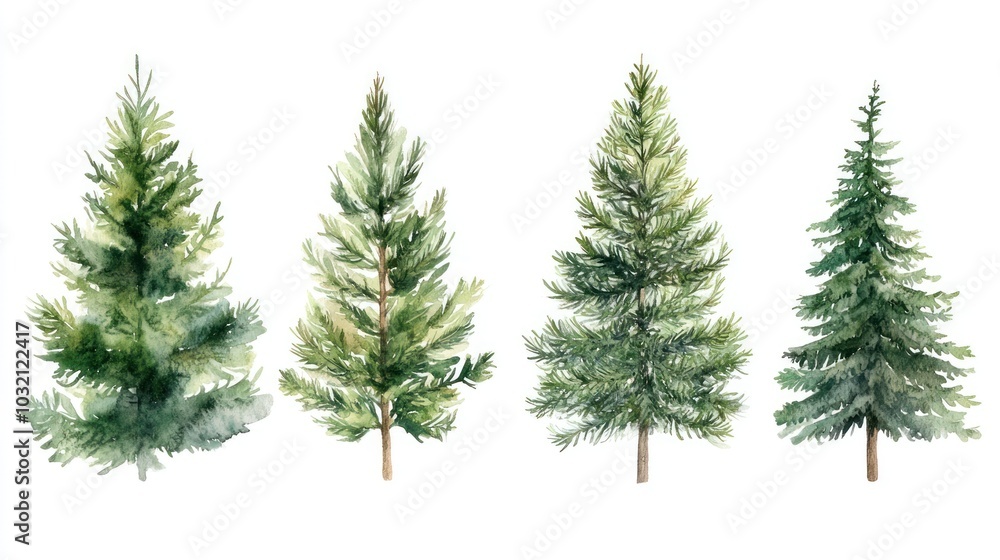 Watercolor Illustration of Four Green Pine Trees