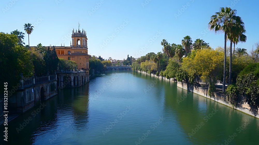 Fototapeta premium Scenic river view with palm trees and historic architecture under a clear blue sky.