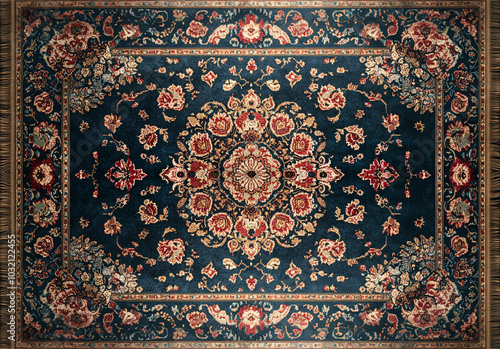 Persian Carpet with Navy Blue and Floral Central Medallion