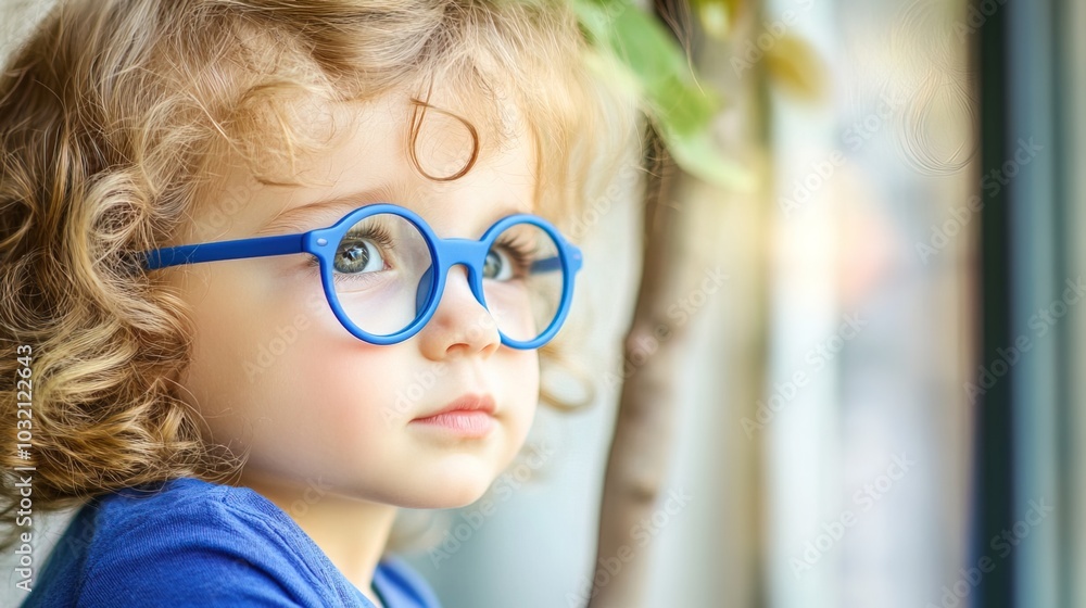 Young child wearing blue glasses focusing on distant tree outside window, symbolizing myopia prevention and importance of outdoor activities. Young child wearing blue glasses focusing on distant tree outside window, symbolizing myopia prevention and importance of outdoor activities.
