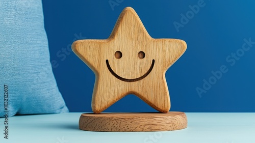 A wooden star figure with a smiley face, set against a blue background, exuding a cheerful and whimsical vibe. photo