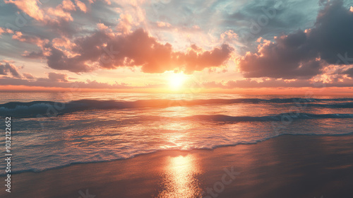 A serene sunrise at the beach paints the sky in vibrant hues of orange, pink, and gold.