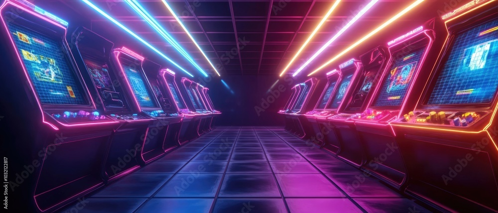 Neon Arcade with Pixelated Games and Glitch Effects Neon Arcade with Pixelated Games and Glitch Effects
