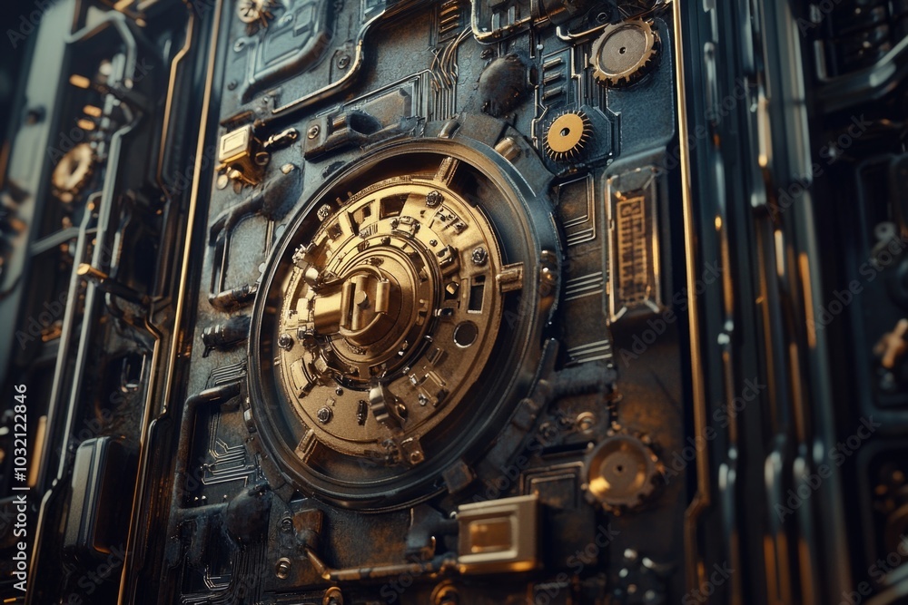 A close-up shot of a metal door with a visible clock, perfect for use in time-related or industrial settings A close-up shot of a metal door with a visible clock, perfect for use in time-related or industrial settings