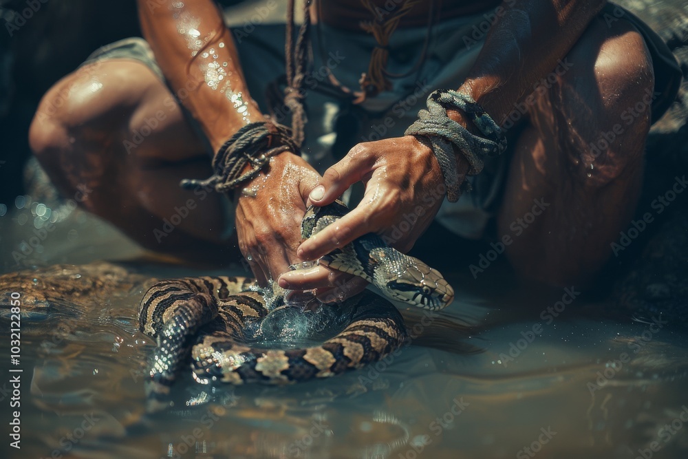 Fototapeta premium Man's Feet and Camouflaged Snake in Wet Environment
