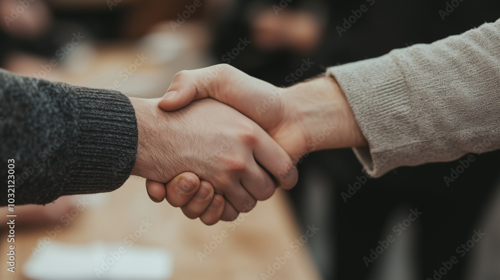 Startup founder conducting a casual recruitment chat at a café, shaking hands with a potential team memberphoto Startup founder conducting a casual recruitment chat at a café, shaking hands with a potential team memberphoto