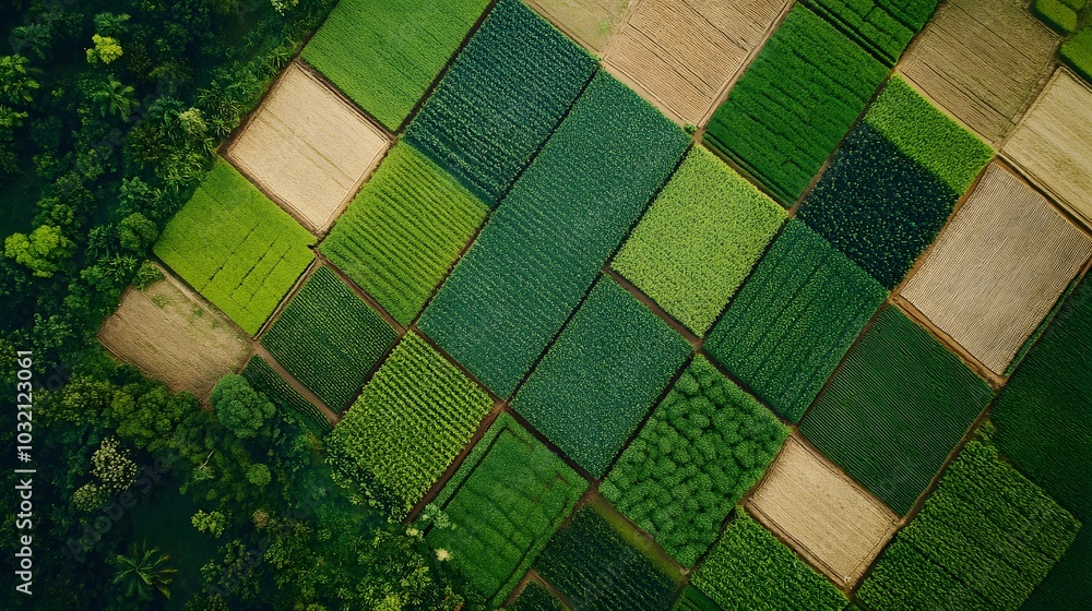 Aerial photography capturing agricultural fields with diverse crop rows in vibrant green hues, presenting geometric patterns and a top-down perspective of sustainable farming. Aerial photography capturing agricultural fields with diverse crop rows in vibrant green hues, presenting geometric patterns and a top-down perspective of sustainable farming.