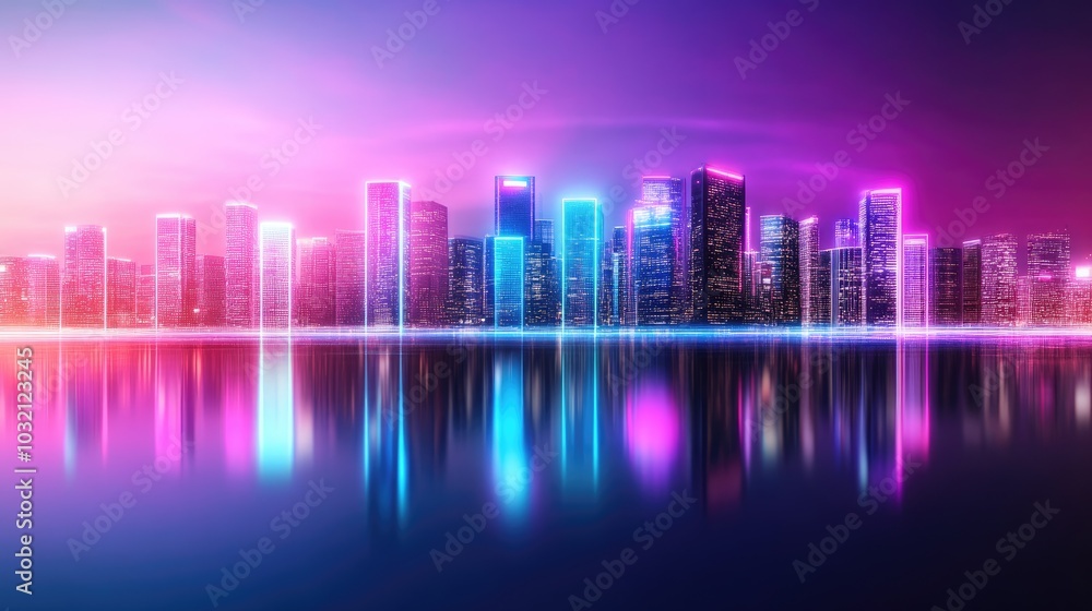 Fototapeta premium Neon Pixelated Cityscape with Glitch Effects