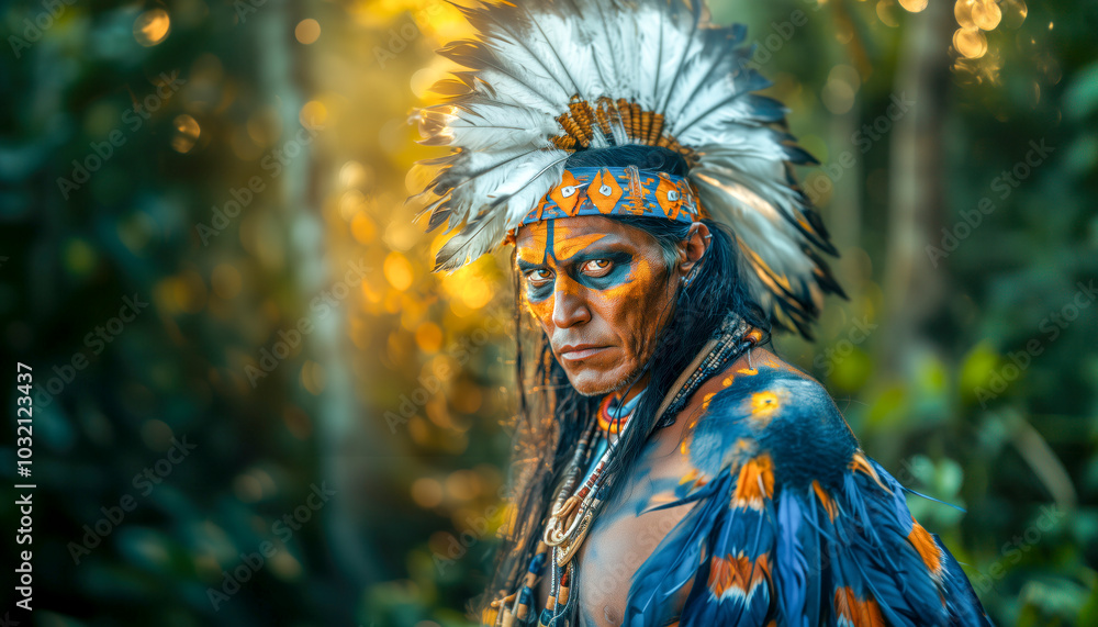 Indigenous person from the Amazon, with headdress and feathers. Original people in the Amazon rainforest Indigenous person from the Amazon, with headdress and feathers. Original people in the Amazon rainforest