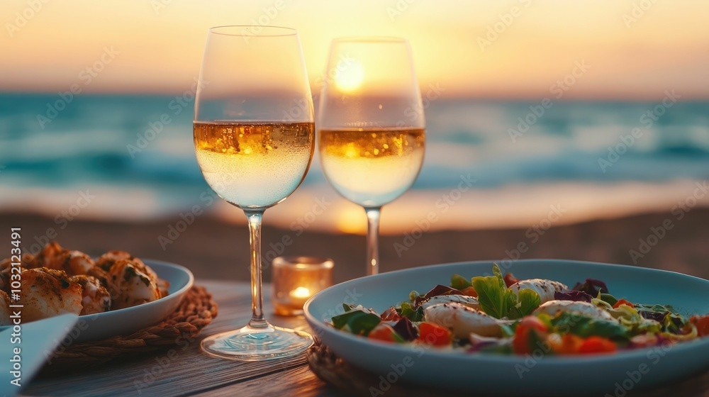 A tranquil beachside dinner setting with seafood wine and gently crashing waves in the background creating a romantic and luxurious outdoor dining experience under the stars A tranquil beachside dinner setting with seafood wine and gently crashing waves in the background creating a romantic and luxurious outdoor dining experience under the stars
