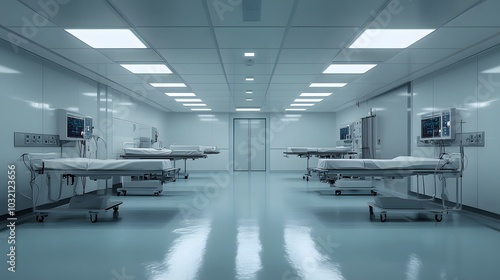 Modern hospital interior with empty patient beds and clean, sterile environment.