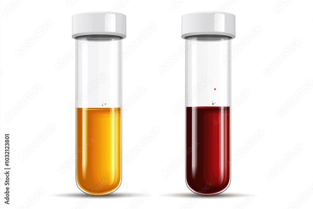 Two laboratory test tubes containing blood and orange liquid Two laboratory test tubes containing blood and orange liquid